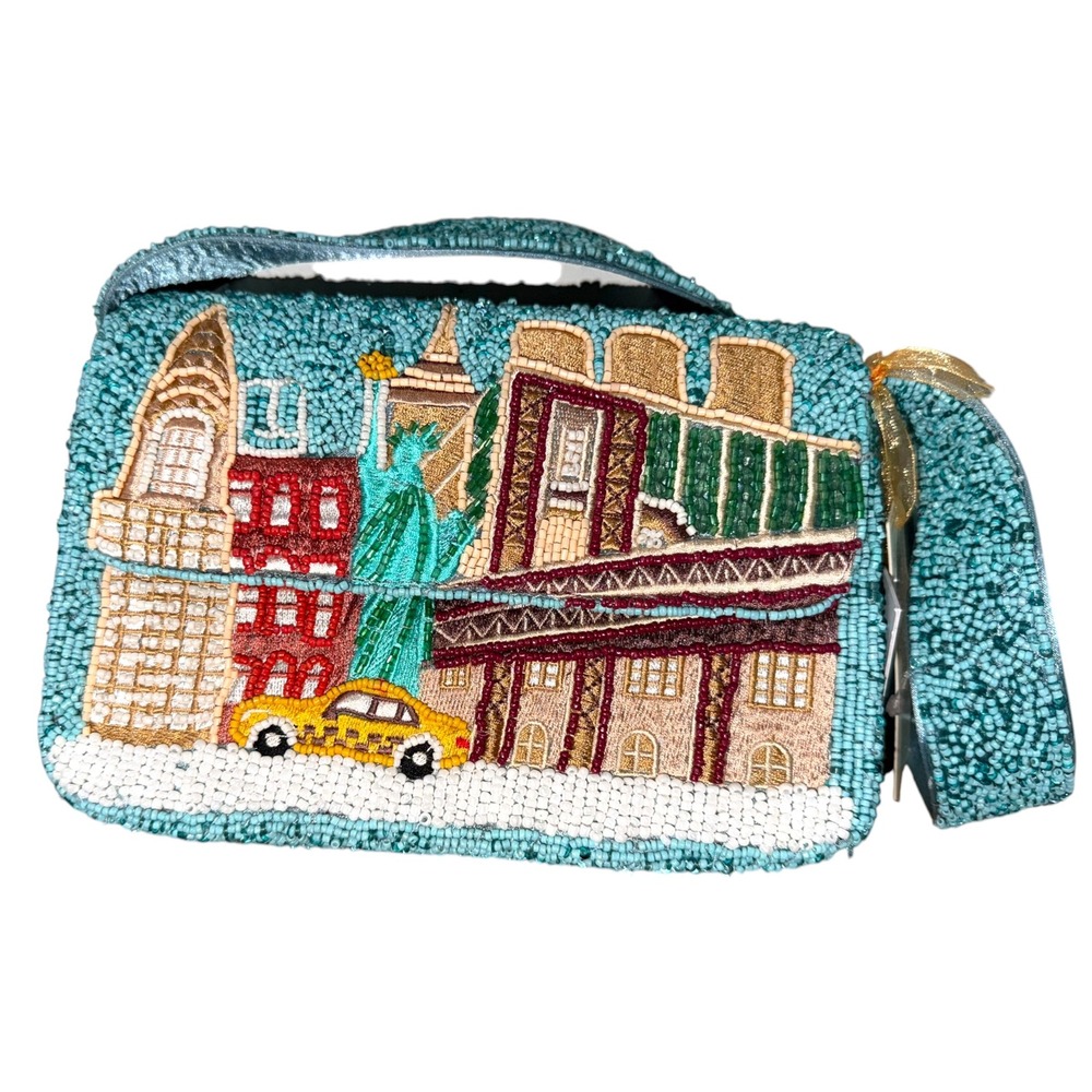Viral TJMaxx NYC Beaded Shoulder Bag Statue Liberty Taxi Skyline Turquoise NWT